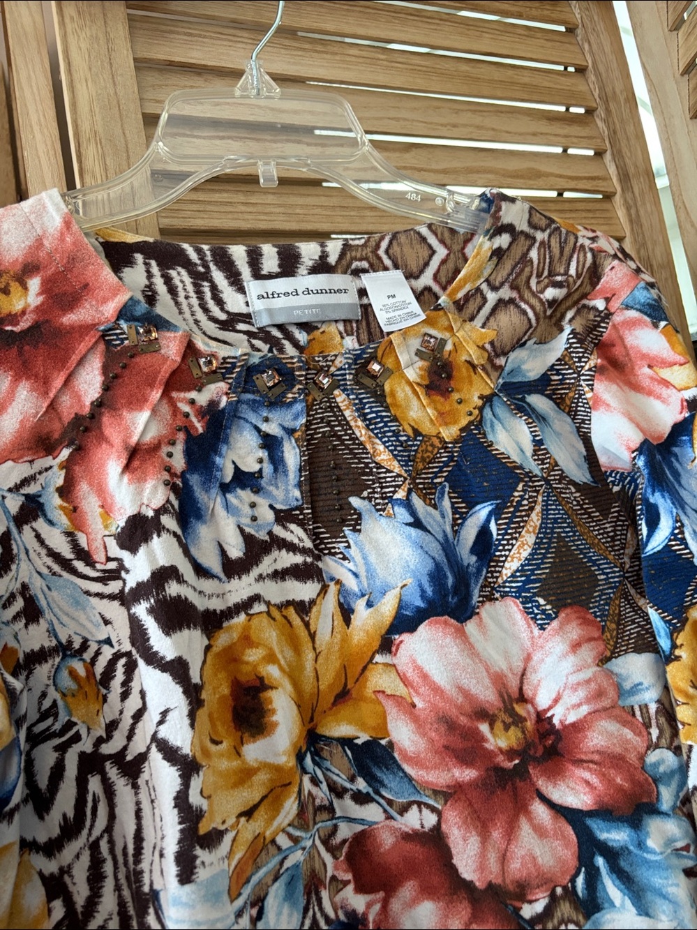 Alfred Dunner Floral Top in Brown, Blue, Pink & Yellow W/ An Embellished Neck PM - Picture 2 of 4